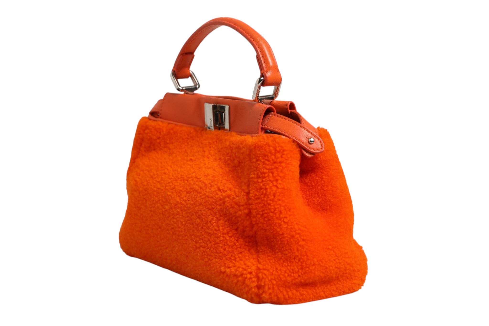 Fendi Orange Leather and Shearling Mini Peekaboo Top Handle Bag Fendi