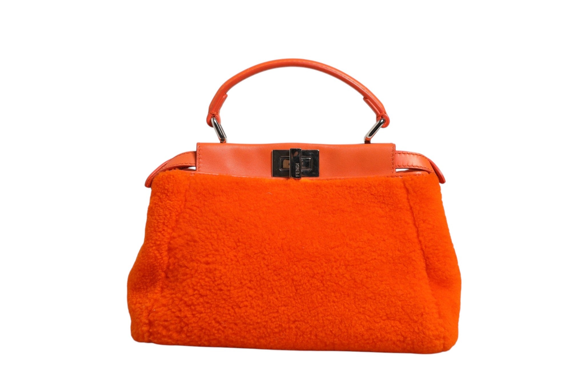 Fendi Orange Leather and Shearling Mini Peekaboo Top Handle Bag Fendi