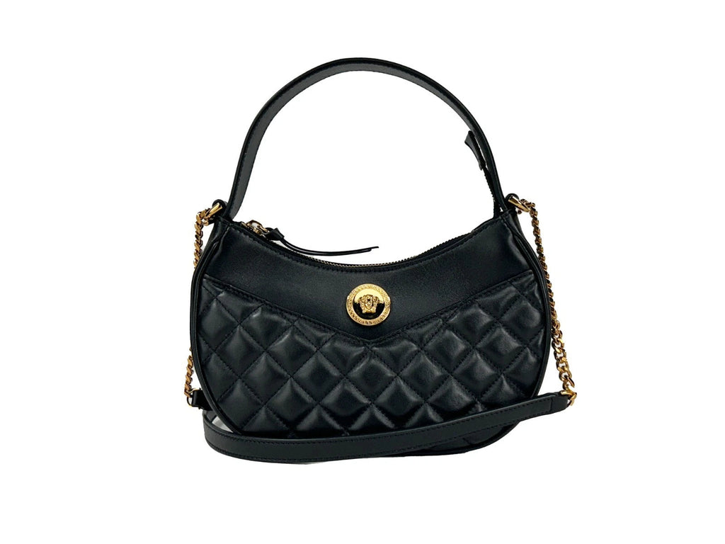 Versace Quilted Black Leather Half Moon Chain Crossbody Bag Versace