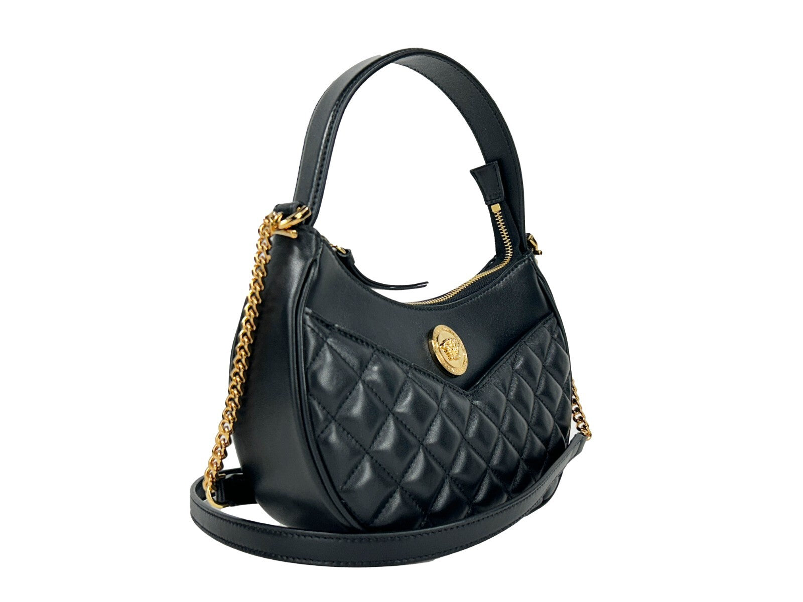 Versace Quilted Black Leather Half Moon Chain Crossbody Bag Versace