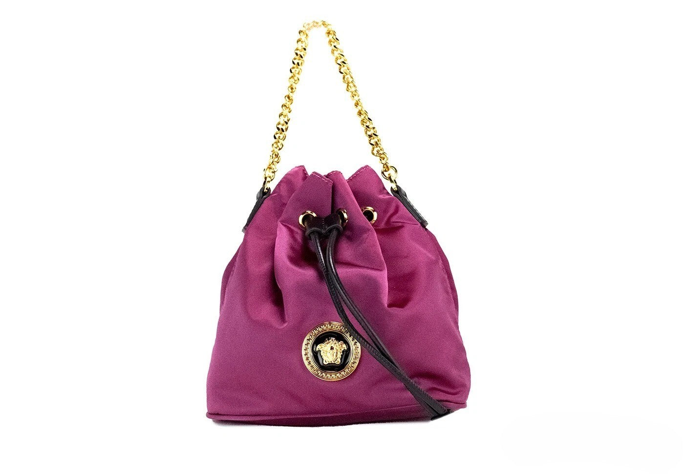 Versace Small Dahlia Nylon Medusa Pendant Bucket Chain Crossbody Bag Purse Versace