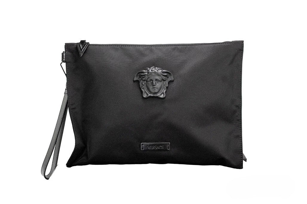 Versace Large Black Nylon Fabric Medusa Convertible Pouch Clutch Wristlet Bag Versace