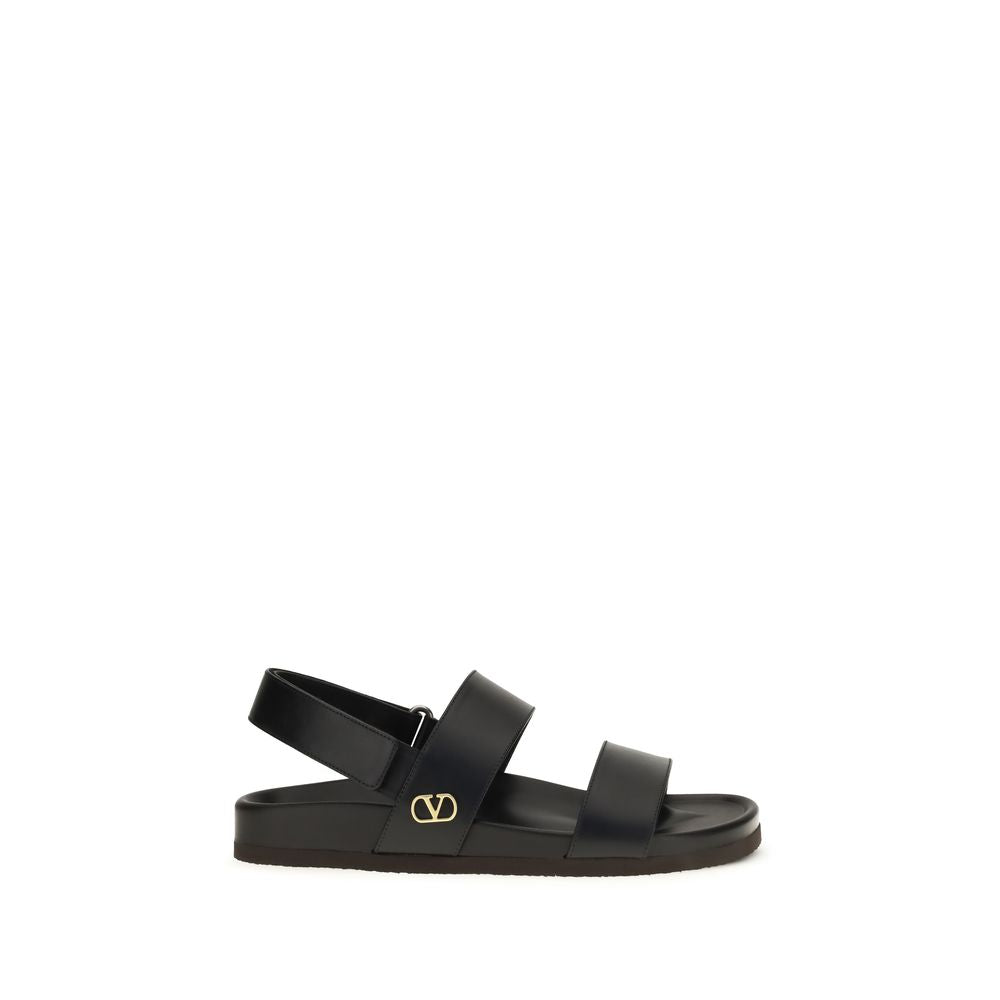 Valentino Garavani Black Calf Leather Bos Taurus Flat Sandals Valentino Garavani