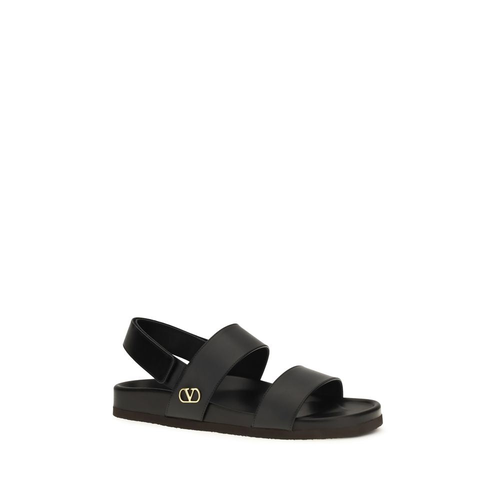 Valentino Garavani Black Calf Leather Bos Taurus Flat Sandals Valentino Garavani