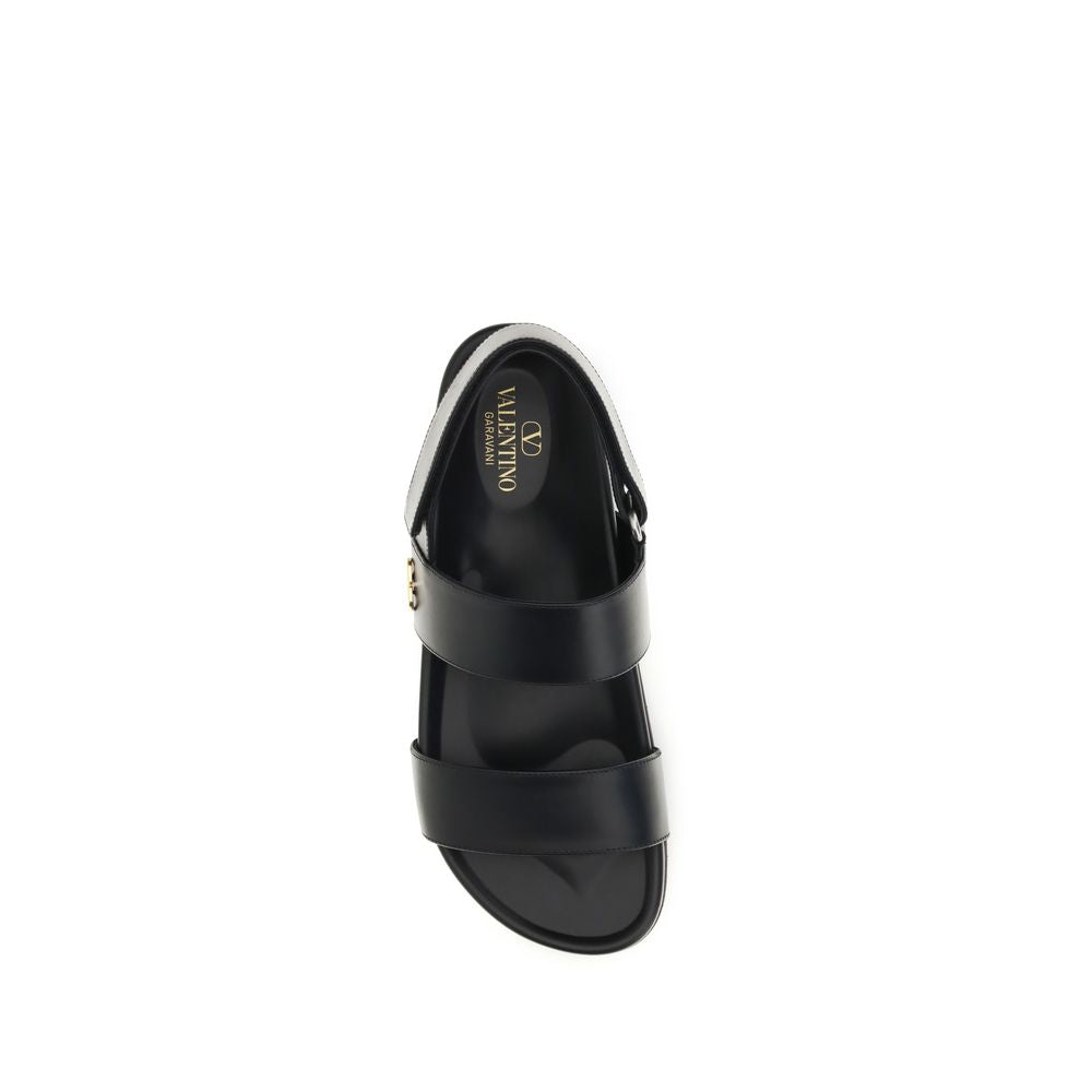 Valentino Garavani Black Calf Leather Bos Taurus Flat Sandals Valentino Garavani