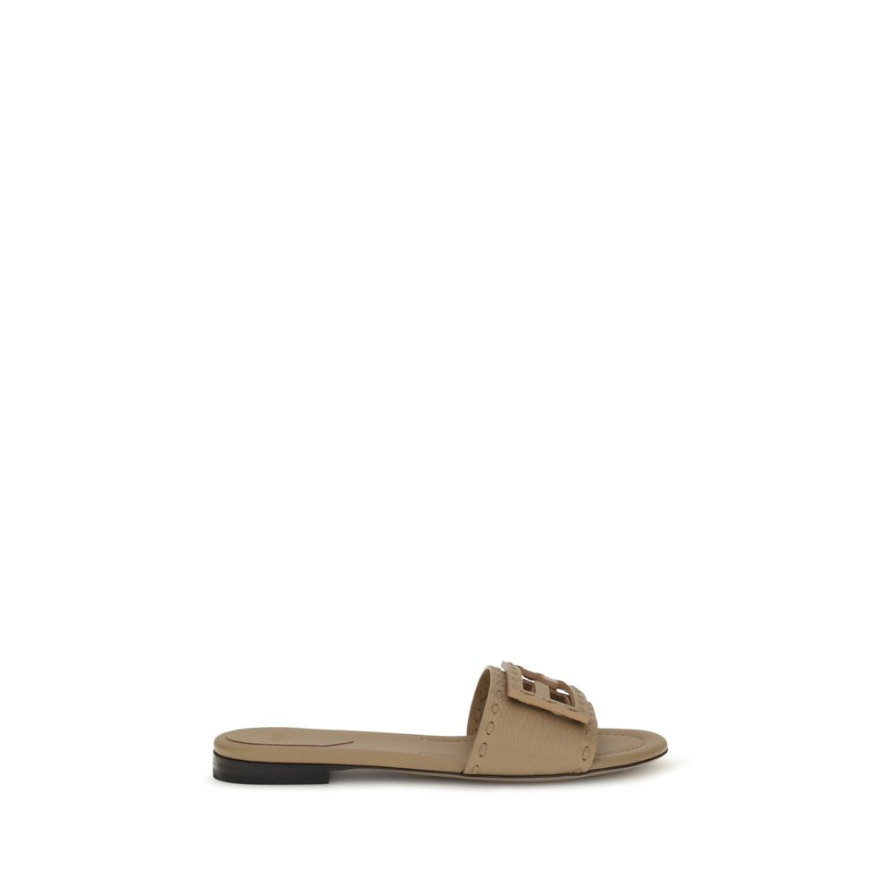 Fendi Beige Calf Leather Bos Taurus Flat Sandals Fendi