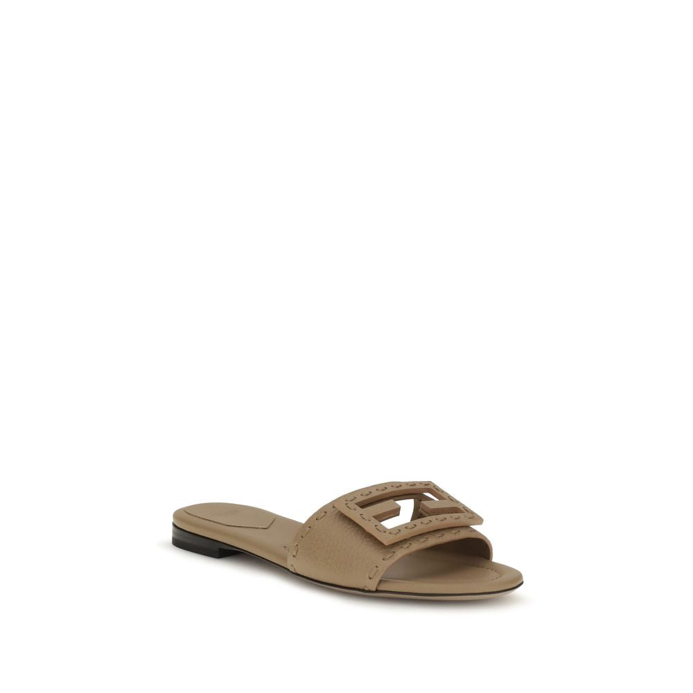Fendi Beige Calf Leather Bos Taurus Flat Sandals Fendi