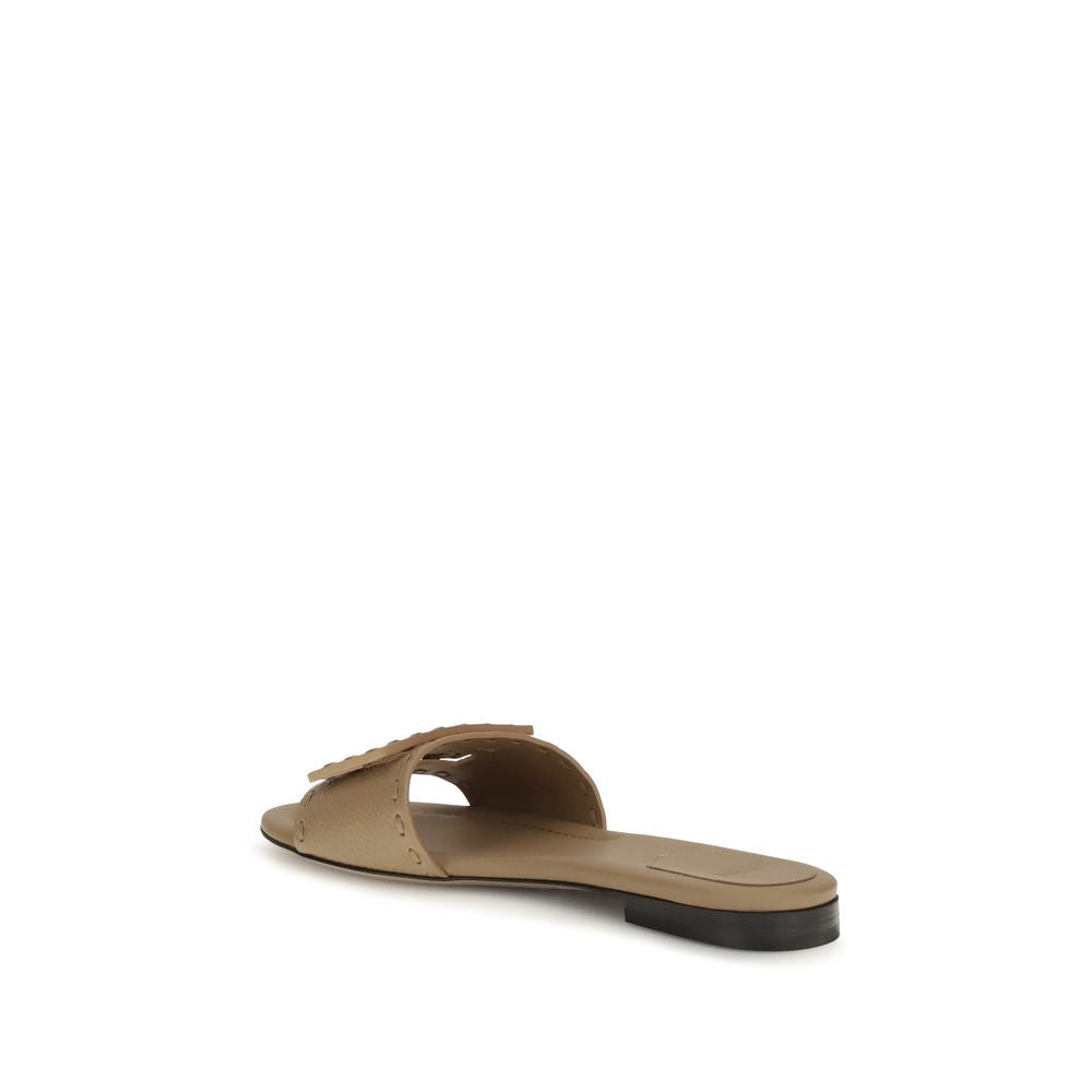 Fendi Beige Calf Leather Bos Taurus Flat Sandals Fendi