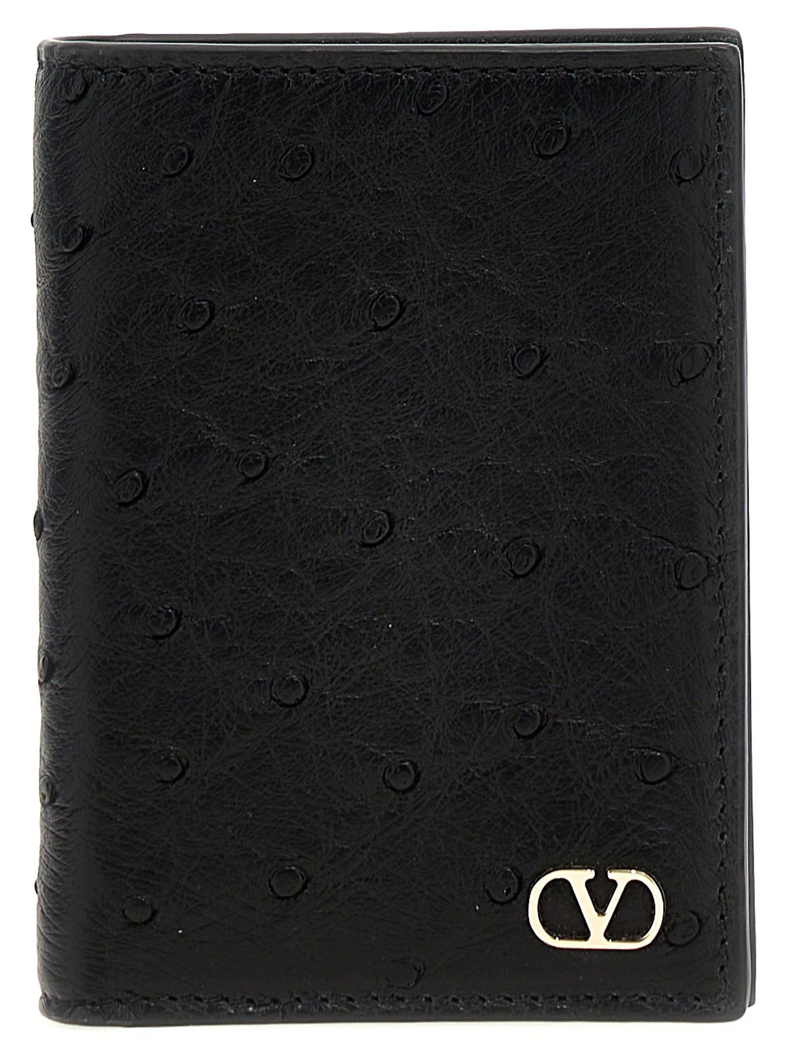 Valentino Garavani Black Ostrich Skin Cardholder Valentino Garavani
