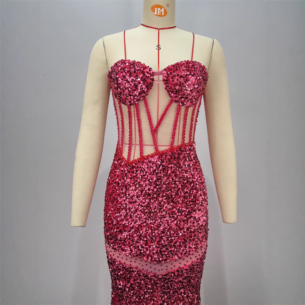 Sexy Sequined Sleeveless Halter Heavy Work Fitted Slimming Red Carpet Party Performance Gathering Dress eprolo