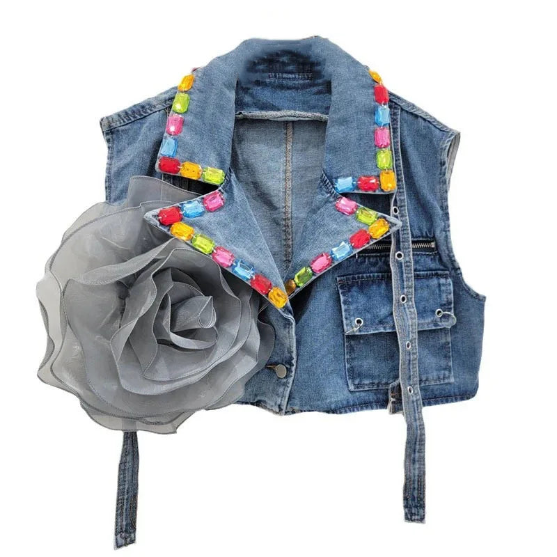 Suit collar ribbon flower denim vest women's vest eprolo