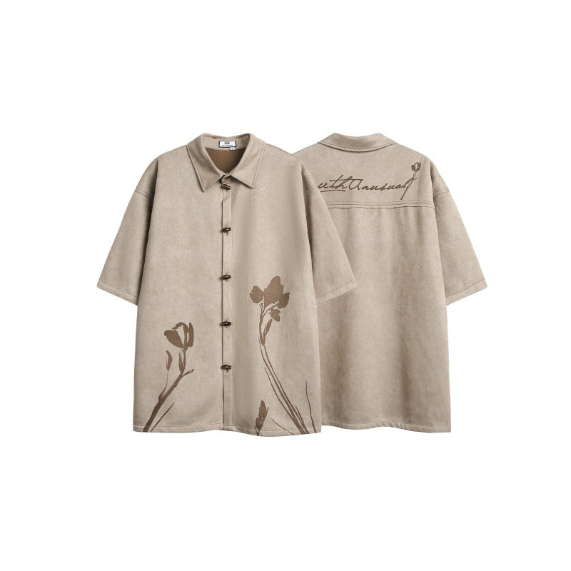 Flower horn button suede loose short sleeved shirt for men eprolo