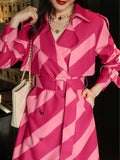 High-end Contrasting Color Striped Trench Coat For Women Lapel Long Sleeve Belt Mid Length Windbreak eprolo
