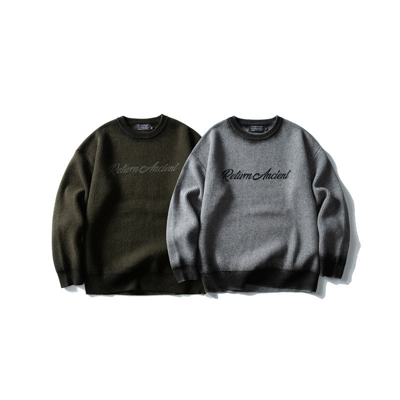 Trend Round Neck Knit Sweater Men Loose Casual Color Block Letter Sweater eprolo