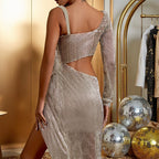 Single shoulder long sleeved hollow out sexy sparkling slit dress banquet dress eprolo