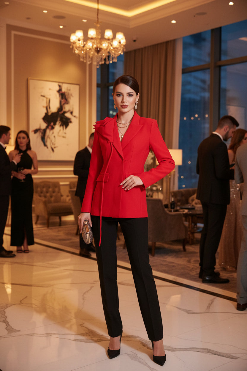 Red jacket on a mannequin against a white background