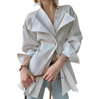 Spring New Casual Slim Type With Suit Collar Side Opening Long-Sleeved Fashion Striped Women's Shirt eprolo