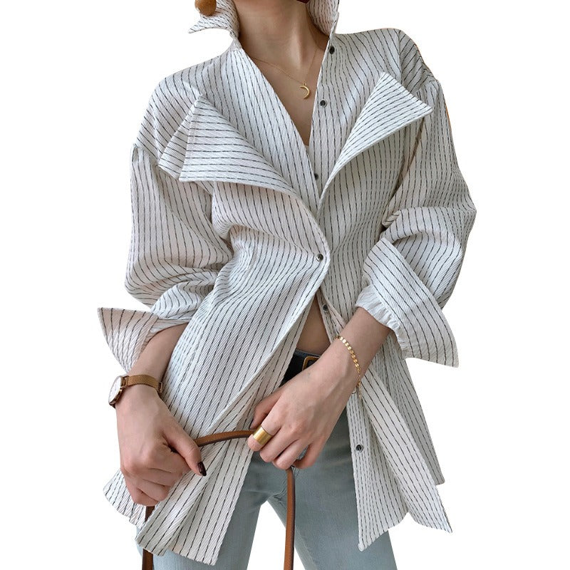 Spring New Casual Slim Type With Suit Collar Side Opening Long-Sleeved Fashion Striped Women's Shirt eprolo