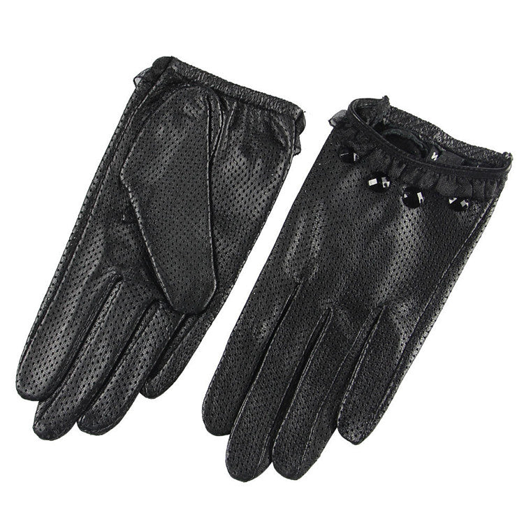 Ladies Sheepskin Perforated Breathable Single Leather Touch Screen Full Finger Gloves LittleYogaSocks