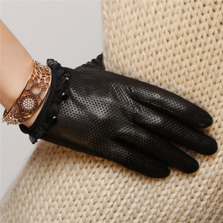 Ladies Sheepskin Perforated Breathable Single Leather Touch Screen Full Finger Gloves LittleYogaSocks