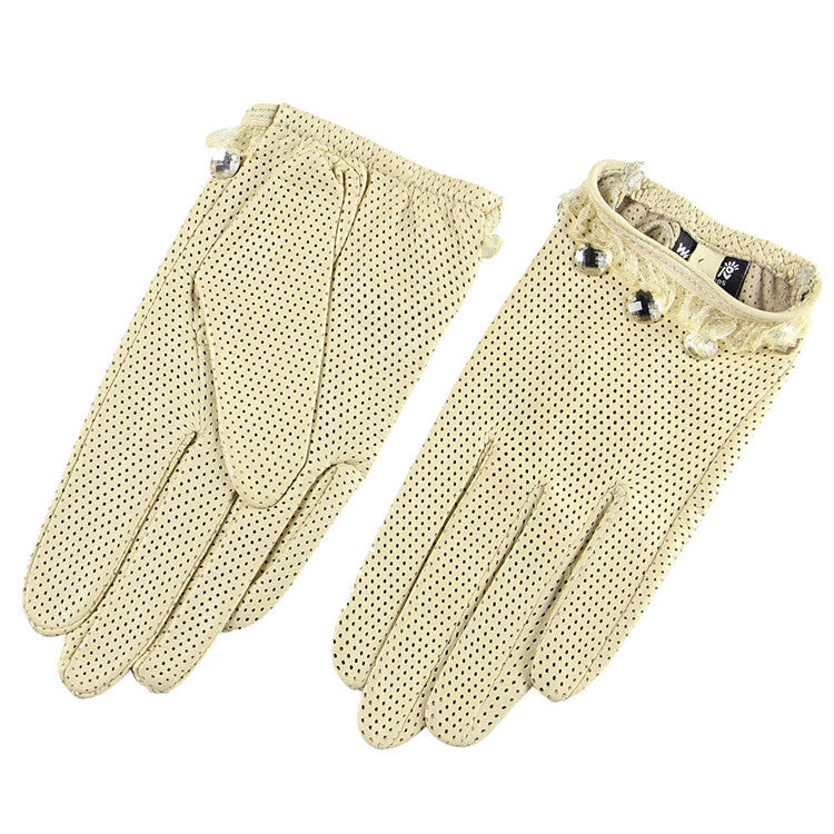 Ladies Sheepskin Perforated Breathable Single Leather Touch Screen Full Finger Gloves LittleYogaSocks