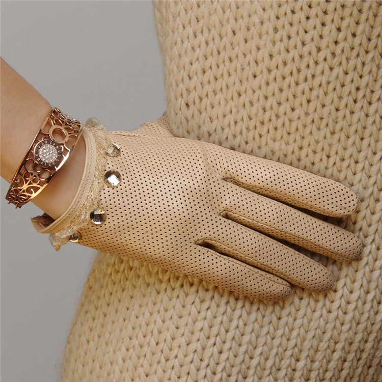 Ladies Sheepskin Perforated Breathable Single Leather Touch Screen Full Finger Gloves LittleYogaSocks