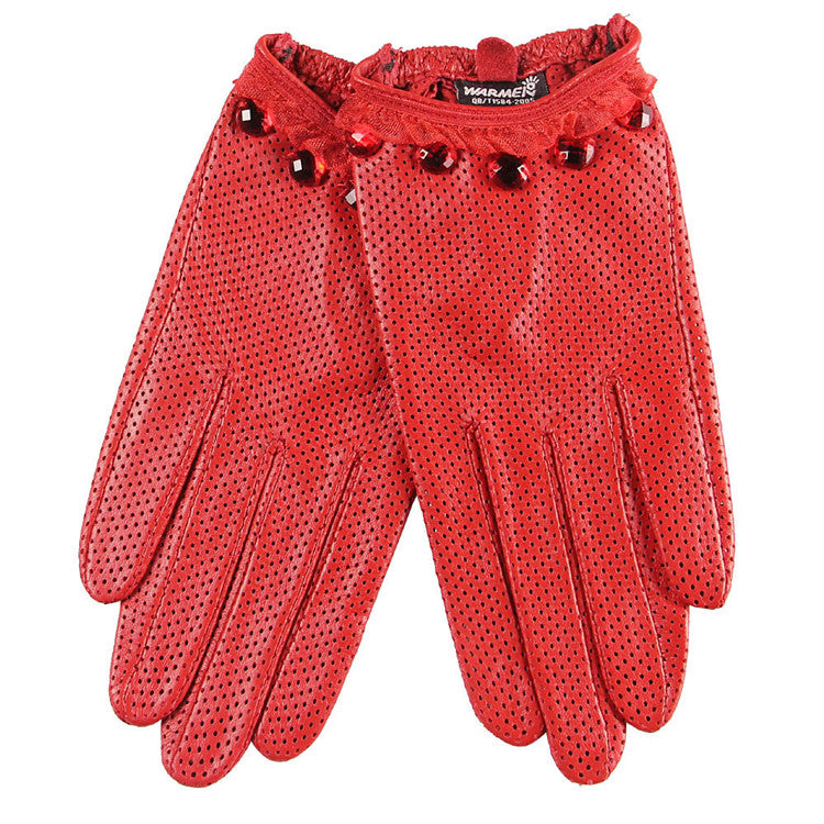 Ladies Sheepskin Perforated Breathable Single Leather Touch Screen Full Finger Gloves LittleYogaSocks