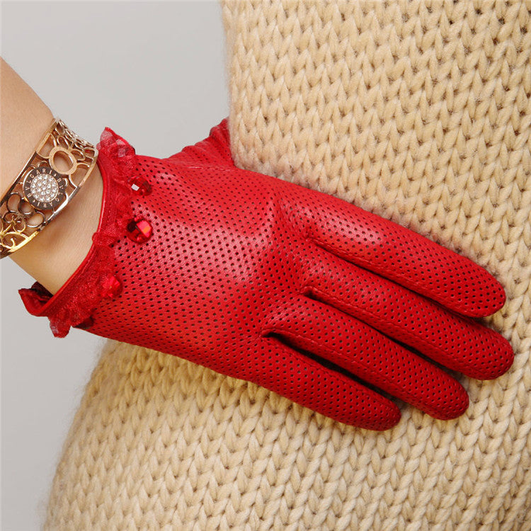Ladies Sheepskin Perforated Breathable Single Leather Touch Screen Full Finger Gloves LittleYogaSocks