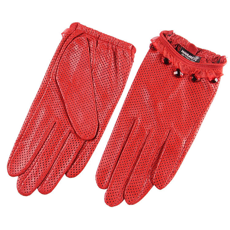 Ladies Sheepskin Perforated Breathable Single Leather Touch Screen Full Finger Gloves LittleYogaSocks