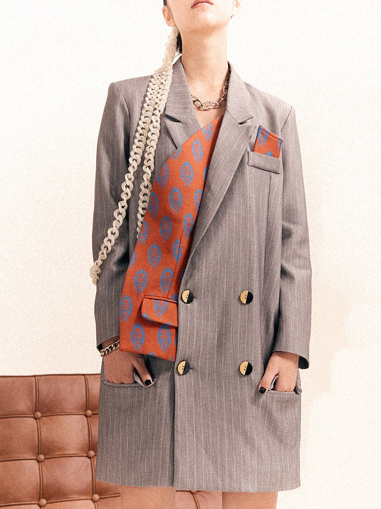 Women Gray Striped Long Big Size Blazer New Lapel Long Sleeve Loose Fit Jacket Fashion Trend Spring Autumn eprolo