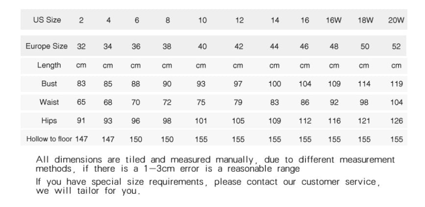 Measurement chart for clothing sizes with US and Europe size conversions.