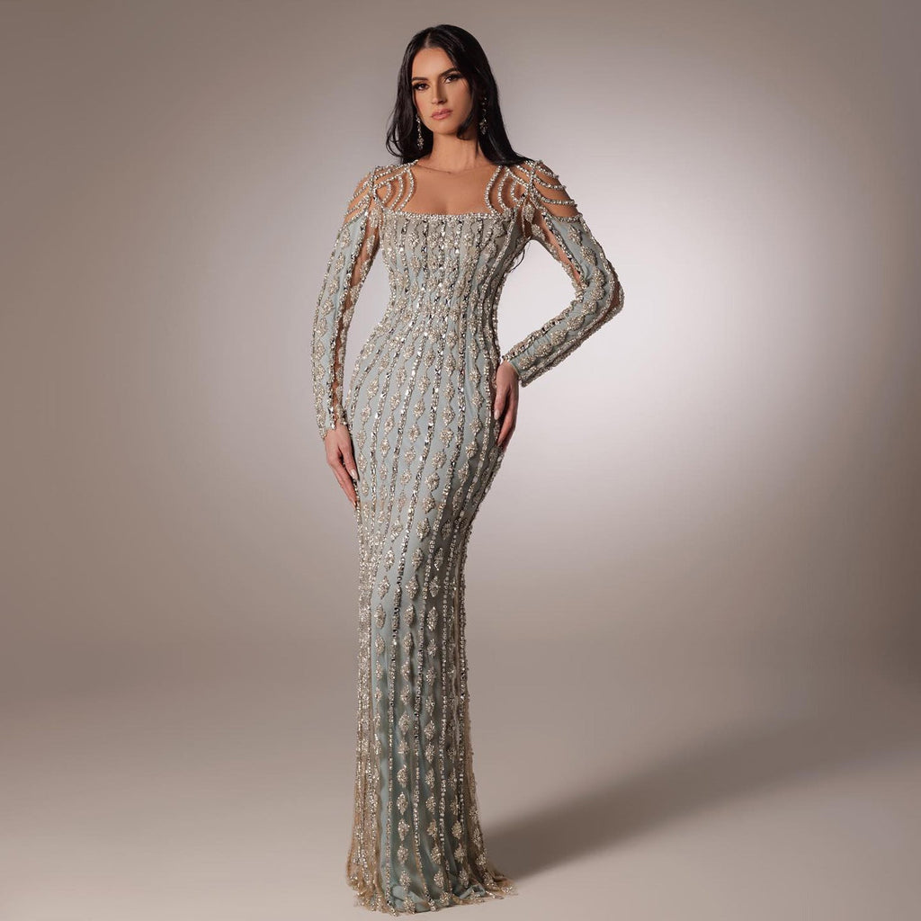 Gray long-sleeve fishtail dress with high-waist design, raglan sleeves, and lace accents VELORIA - Thread of Generations