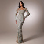 Gray long-sleeve fishtail dress with high-waist design, raglan sleeves, and lace accents VELORIA - Thread of Generations