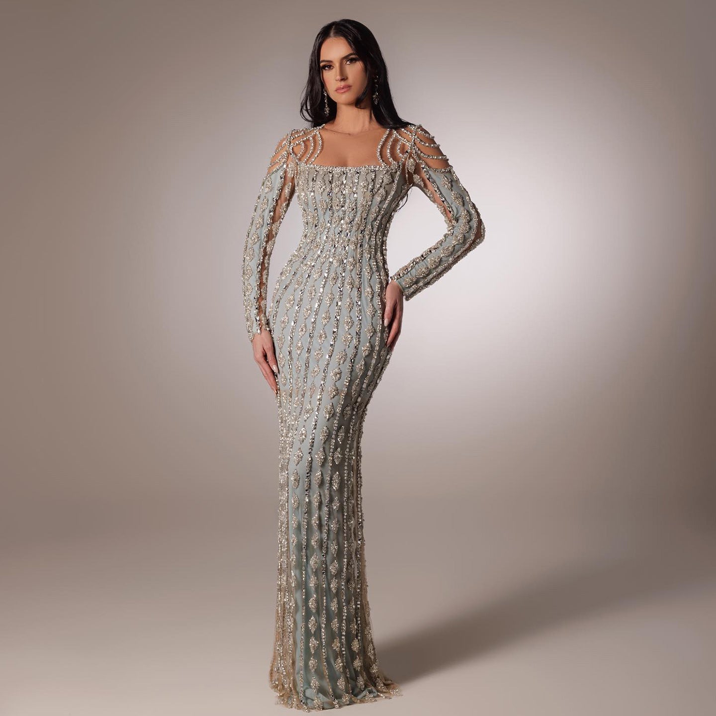 Gray long-sleeve fishtail dress with high-waist design, raglan sleeves, and lace accents VELORIA - Thread of Generations