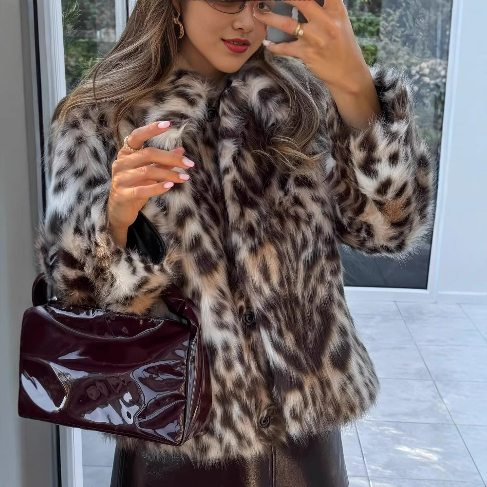 Wild Animal Print Leopard Short Faux Fur Coat with Turn-Down Collar for Women eprolo