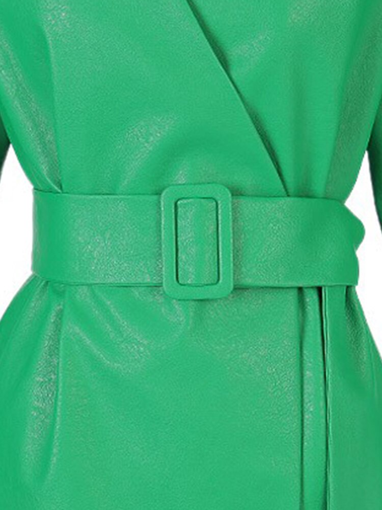 Lautaro Spring Green Pu Leather Jackets for Women with Puff Long Sleeve Belt Runway Stylish Luxury Designer Clothes eprolo
