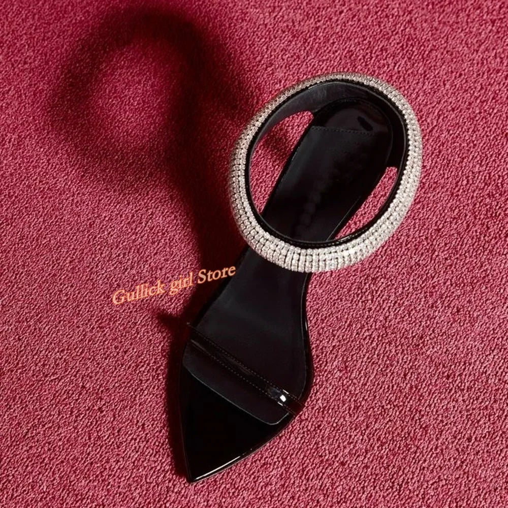 Top Quality Crystal Strap Stiletto Sandals Sexy Pointed Toe Black Patend Leather Slip On Fashion   Summer New Arrivals Shoes eprolo