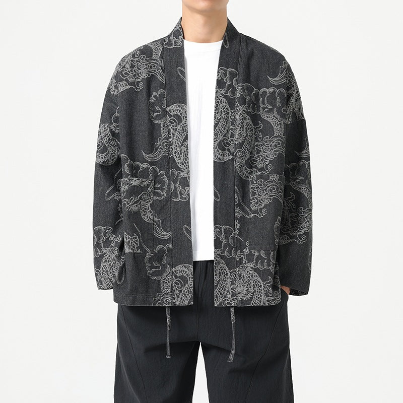 Style Loose Fit Denim Jacket with Dragon Robe Print for Men eprolo