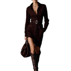 Fashionable Suede Single-Breasted Shirt Dress with Belt, Short Skirt Style eprolo