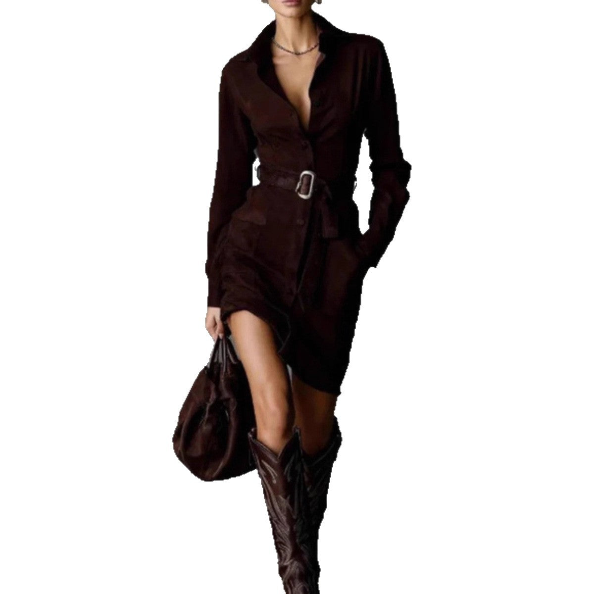 Fashionable Suede Single-Breasted Shirt Dress with Belt, Short Skirt Style eprolo