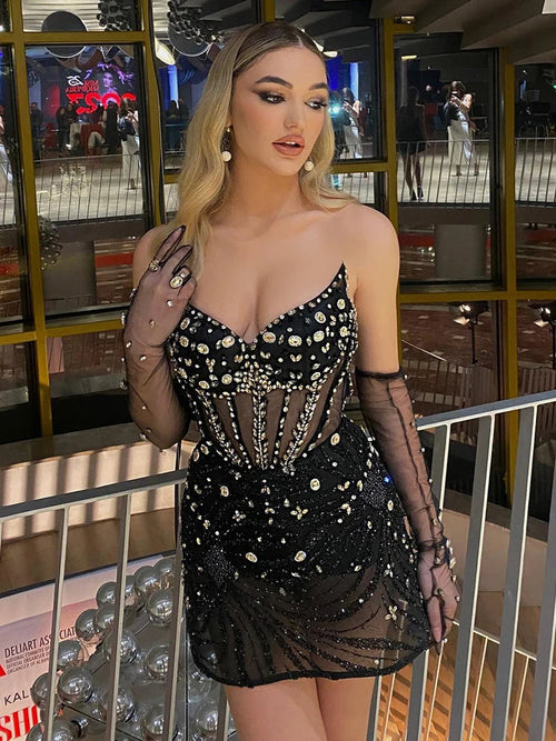 Black strapless mini dress with crystal embellishments | Evening Party | Clubwear eprolo