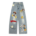 Style Casual Cartoon Embroidered Washed Denim Pants for Men, Loose Fit, College Style, Wide Leg, Couple Pants eprolo