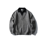 Color Block Long Sleeve V-neck Flip Collar Loose Fit Knit Sweater for Men eprolo