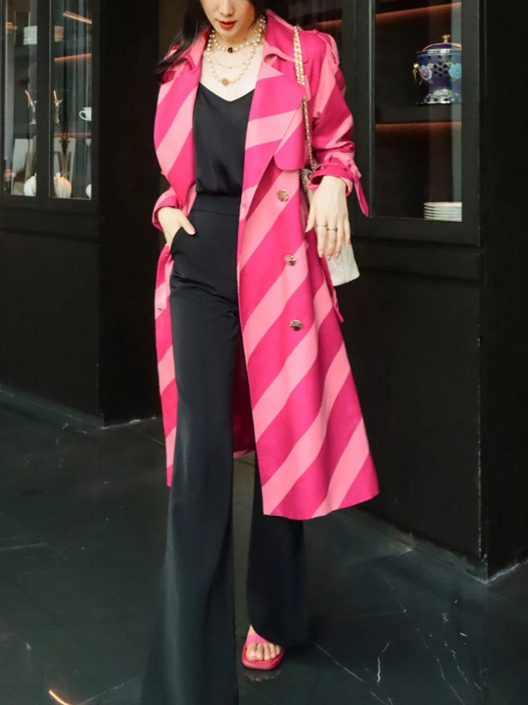 High-end Contrasting Color Striped Trench Coat For Women Lapel Long Sleeve Belt Mid Length Windbreak eprolo