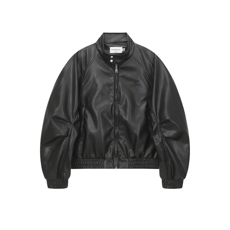 Street Retro Biker Leather Jacket for Men,  Loose Fit with Crinkled Sleeve Design eprolo