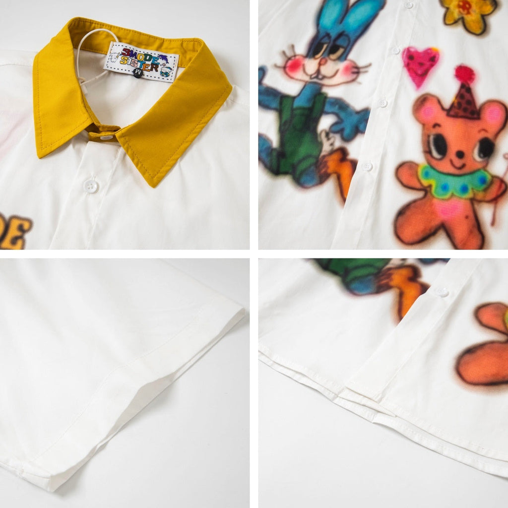 Colorblock Cartoon Print Casual Short Sleeve Shirt for Men and Women Couples Loose Fit eprolo
