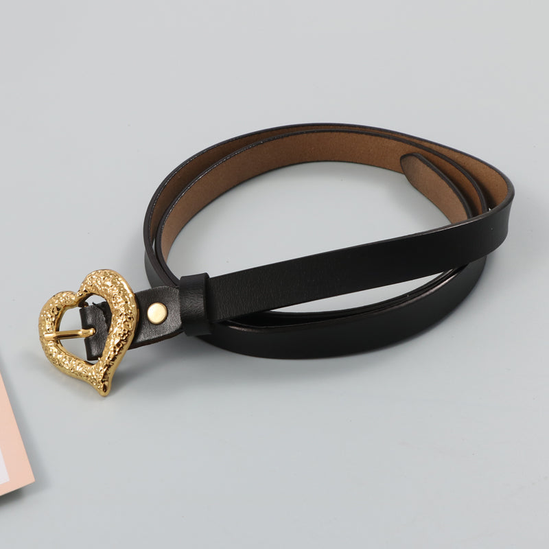 Gold Peach Heart Shape Buckle Top Layer Cowhide Leather Belt LittleYogaSocks