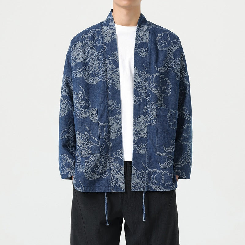 Style Loose Fit Denim Jacket with Dragon Robe Print for Men eprolo