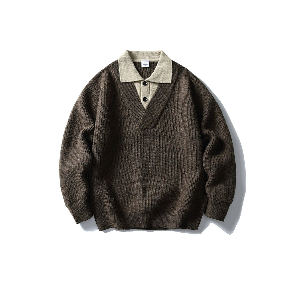 Color Block Long Sleeve V-neck Flip Collar Loose Fit Knit Sweater for Men eprolo