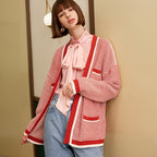 Double Woven Thickened Wool Blend Red White Color Matching Small Fragrance Knitting Cardigan Coat Women eprolo